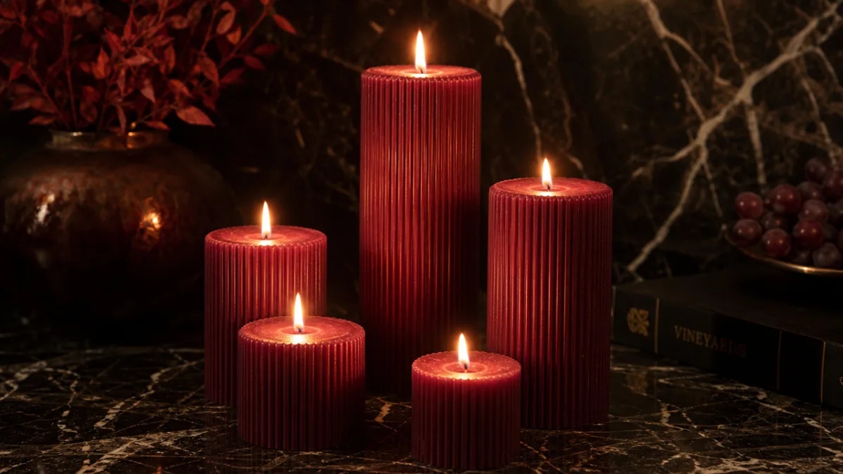a cluster of wine-red ribbed pillar candles on a dark marble surface,…