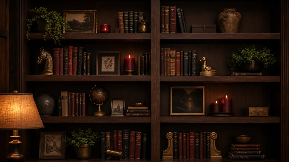 a styled dark wood bookshelf with wine-red candles, brass bookends, and moody…