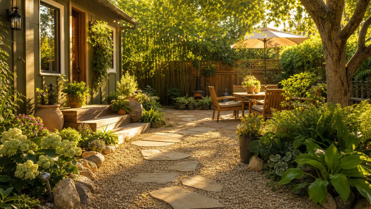a sunlit backyard patio with gravel pathways and stepping stones surrounded by…