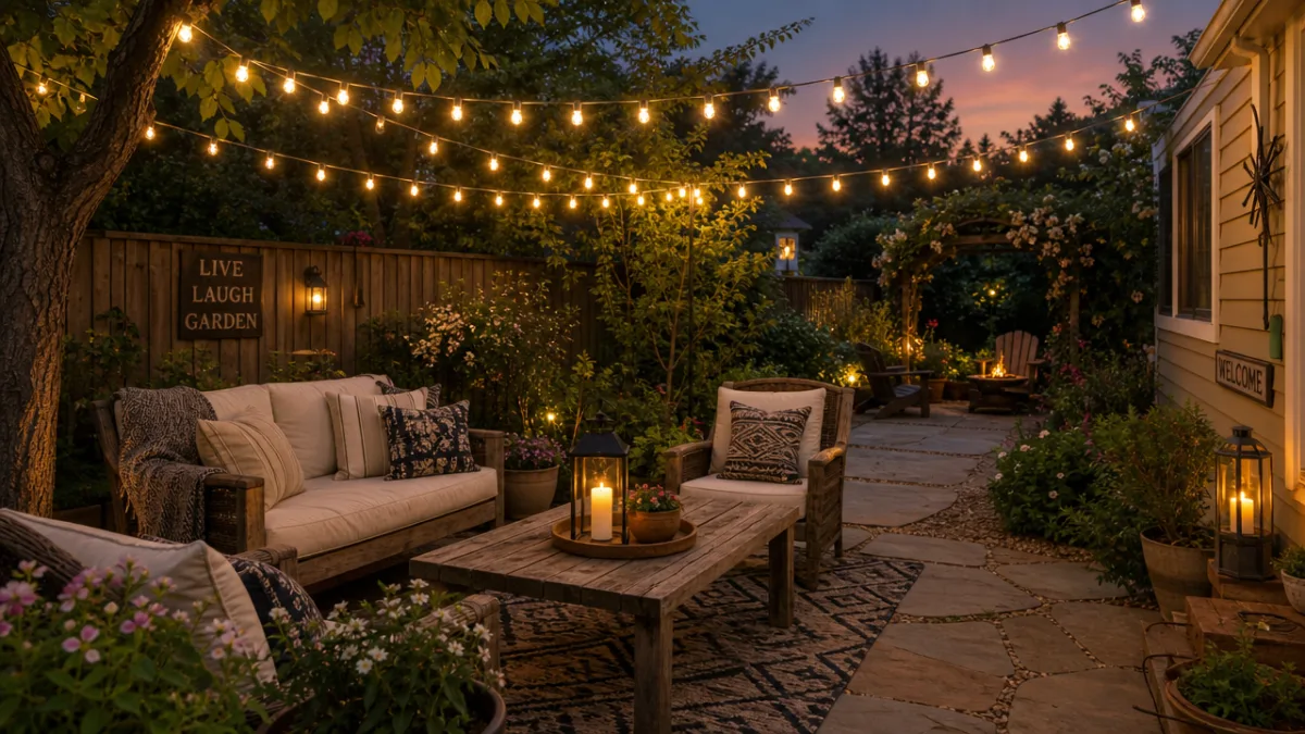 a cozy backyard garden at dusk with solar string lights glowing warmly…