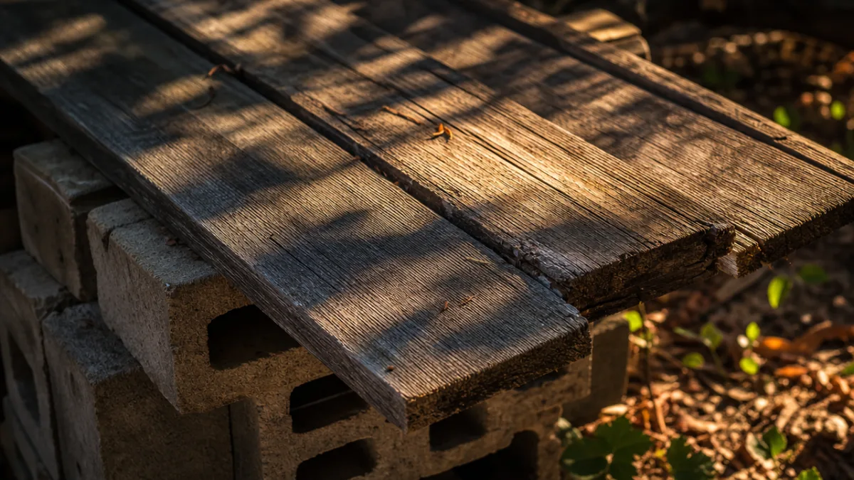 a close-up of weathered cedar planks resting on stacked cinder blocks, dappled…