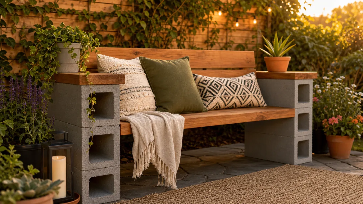 a finished cinder block and wood bench on a lush garden patio,…