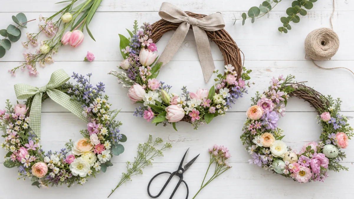 a flat lay of handmade spring wreaths with pastel florals on a…