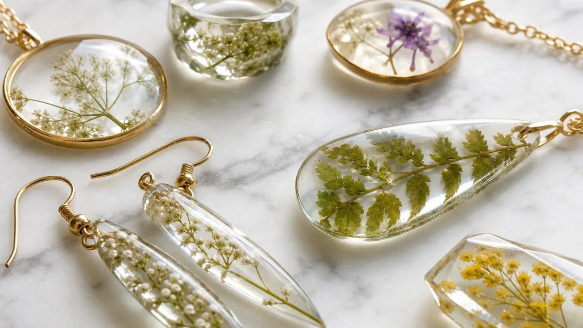 close-up of resin botanical jewelry pieces arranged on white marble, delicate natural…