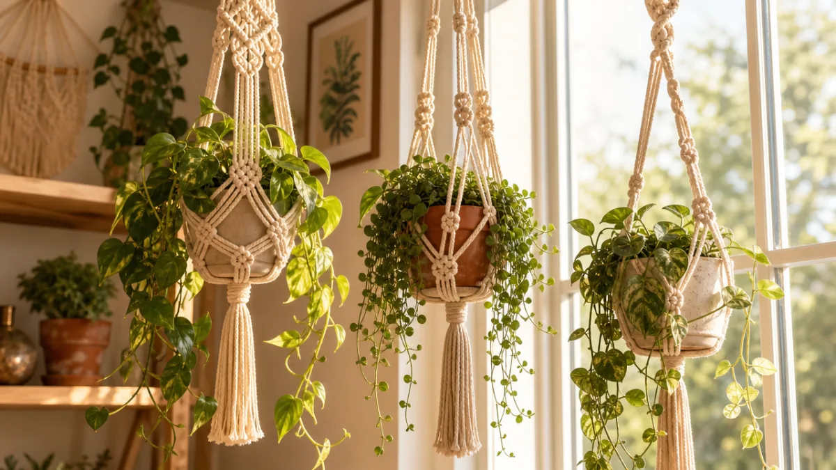 macramé plant hangers in warm sunlight near a bright window with trailing…