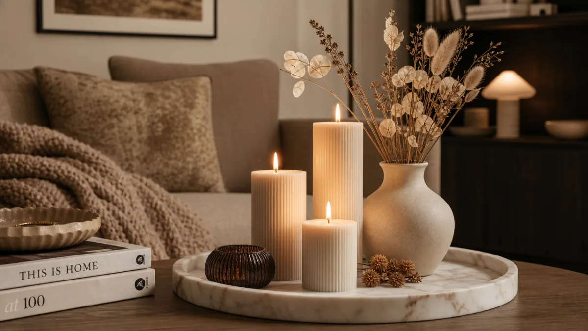 a styled living room vignette with ribbed pillar candles on a marble…
