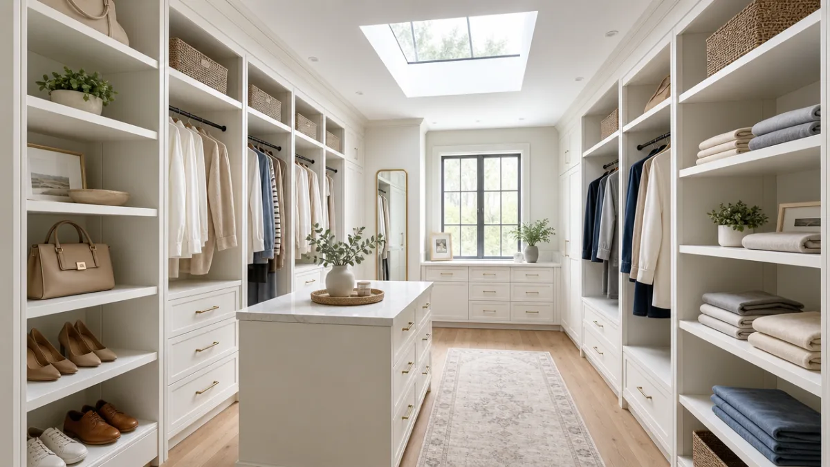 a serene walk-in closet with custom white cabinetry, soft natural light from…