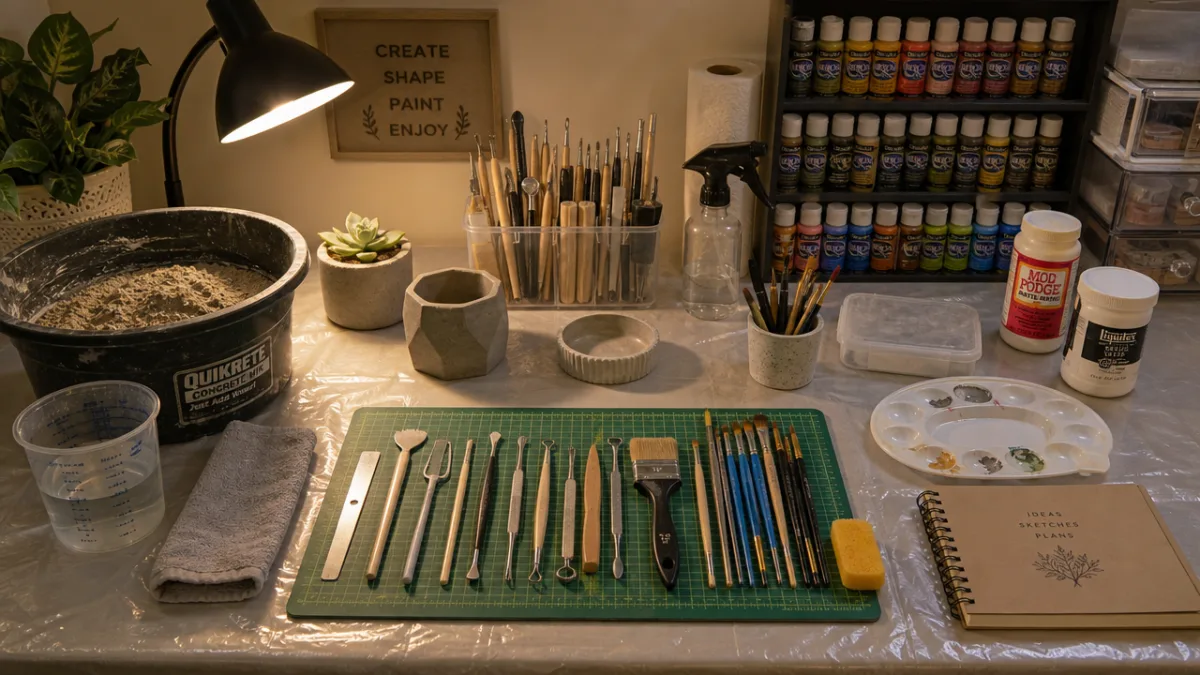 a neatly organized craft workspace with concrete mix, sculpting tools, and paint…