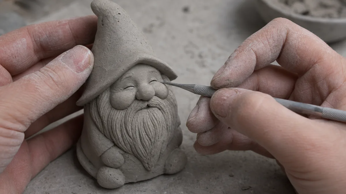 close-up of hands sculpting delicate facial features into a small concrete gnome…