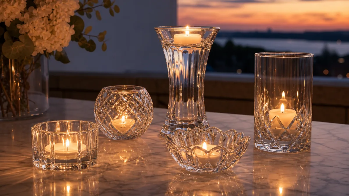 a set of clear glass candleholders arranged on a marble surface, soft…