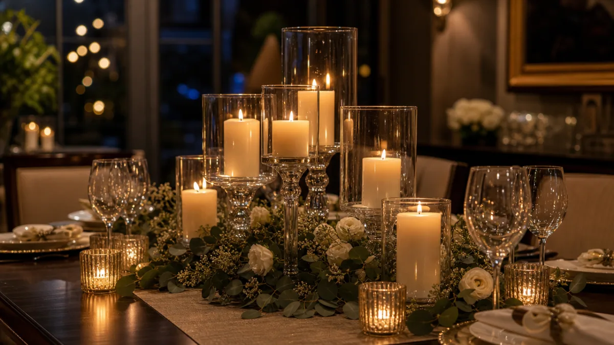 an elegant dining table centerpiece with various glass candleholders and pillar candles,…