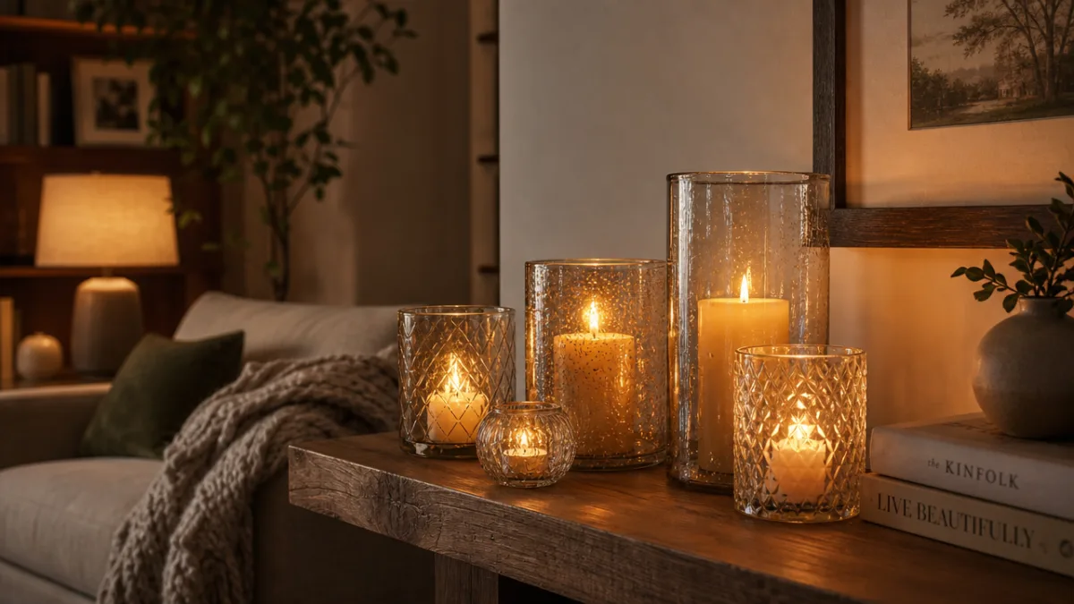 a cozy living room corner with grouped glass candleholders on a wooden…