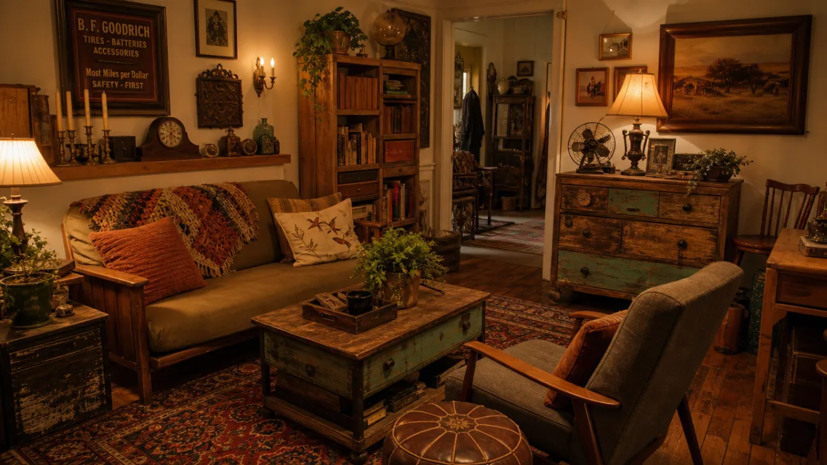 a warmly lit vintage living room with upcycled wooden furniture, eclectic antiques,…