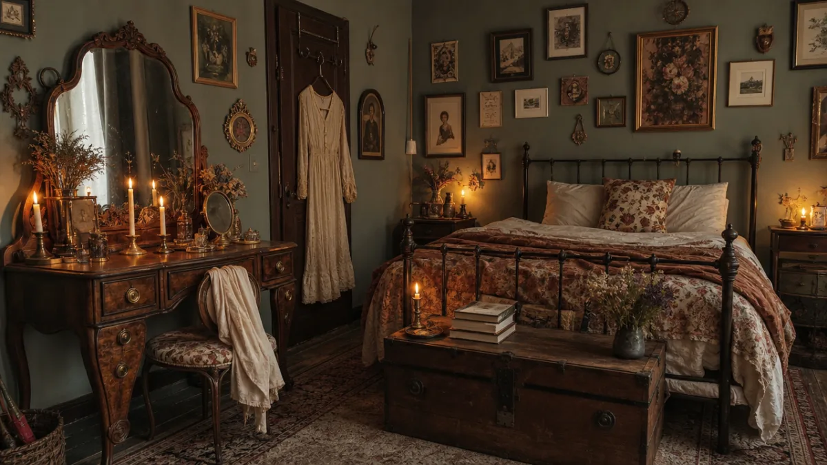 an eclectic vintage bedroom with antique vanity table, mismatched frames on walls,…