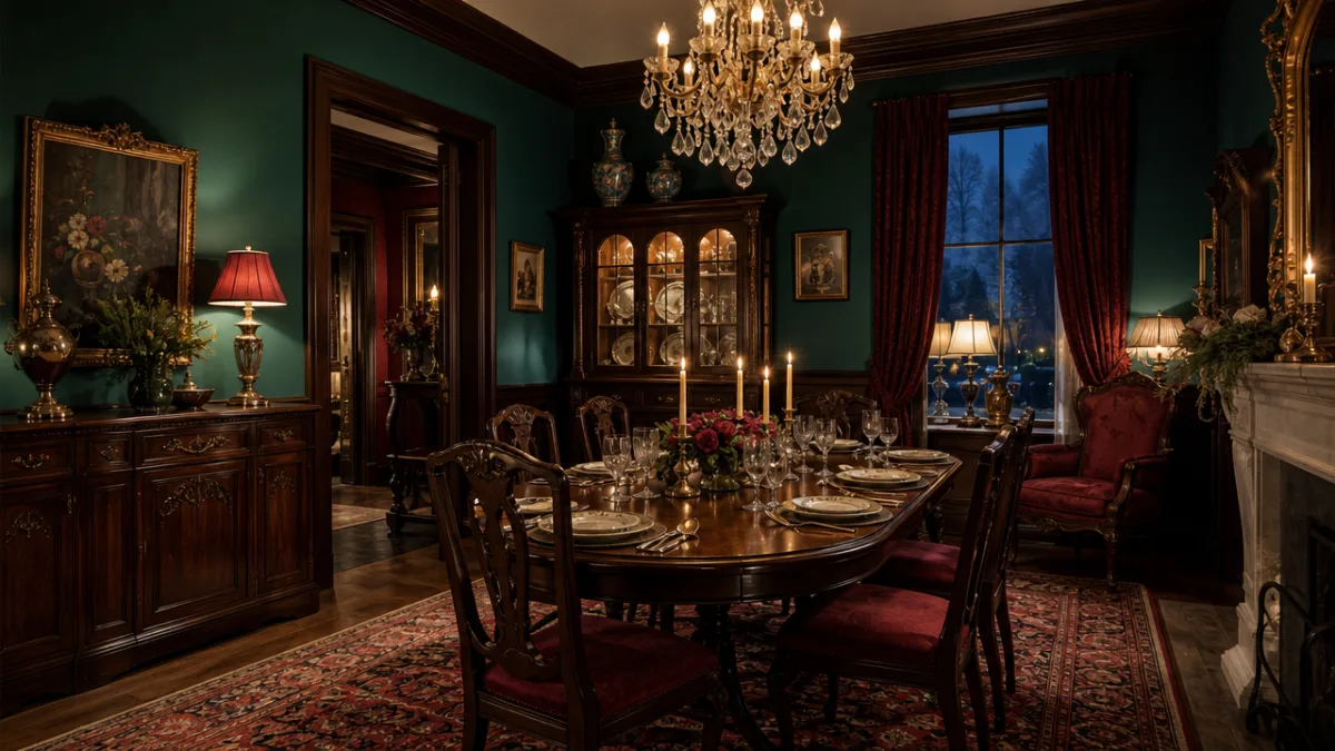 a richly colored vintage dining room with jewel-toned walls, antique chandelier, and…