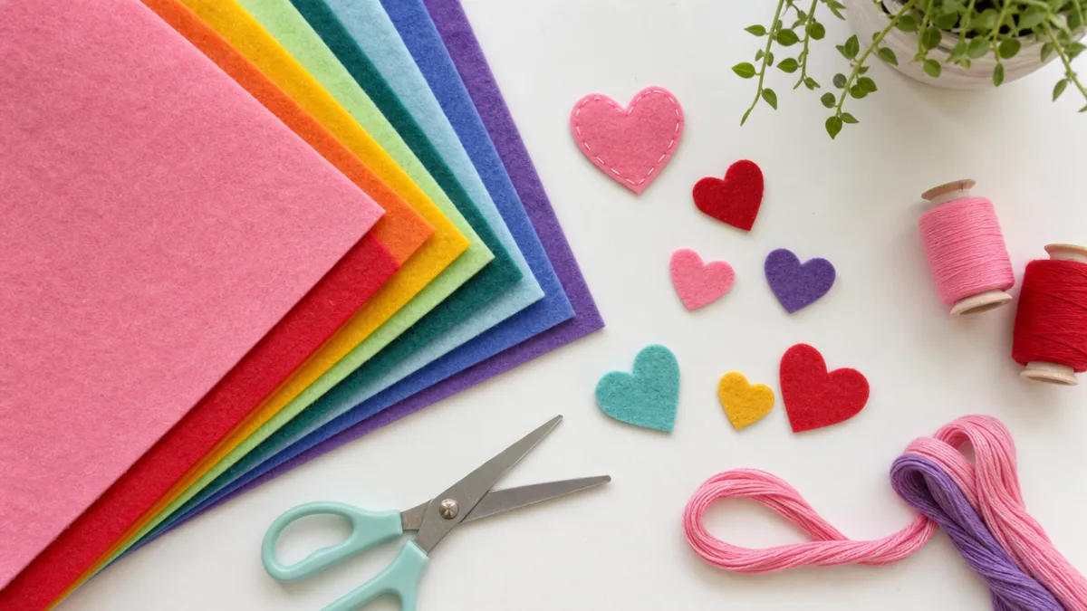 a flat lay of colorful felt sheets, scissors, thread, and small heart…