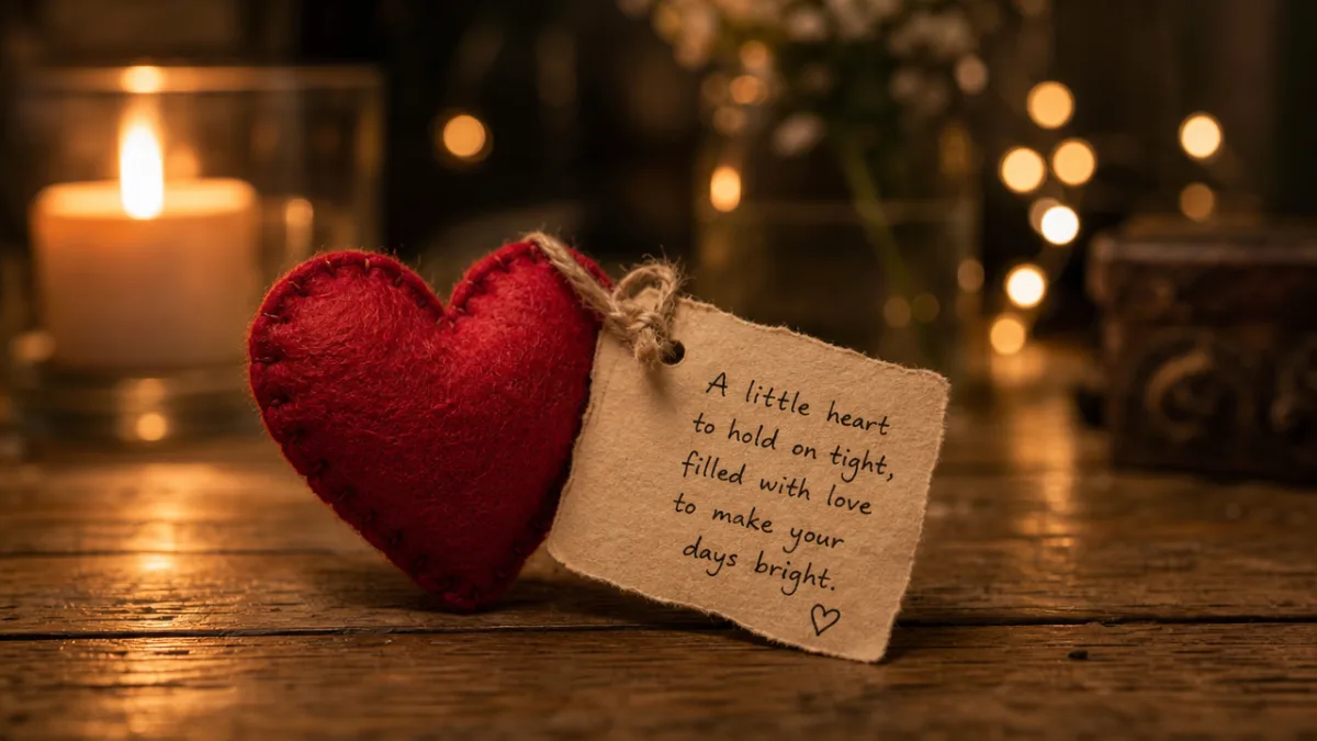 a small stuffed felt heart with a handwritten poem tag on a…
