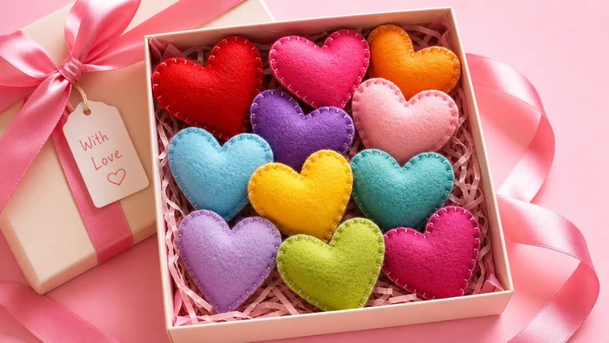 a collection of colorful stuffed felt hearts arranged in a gift box…