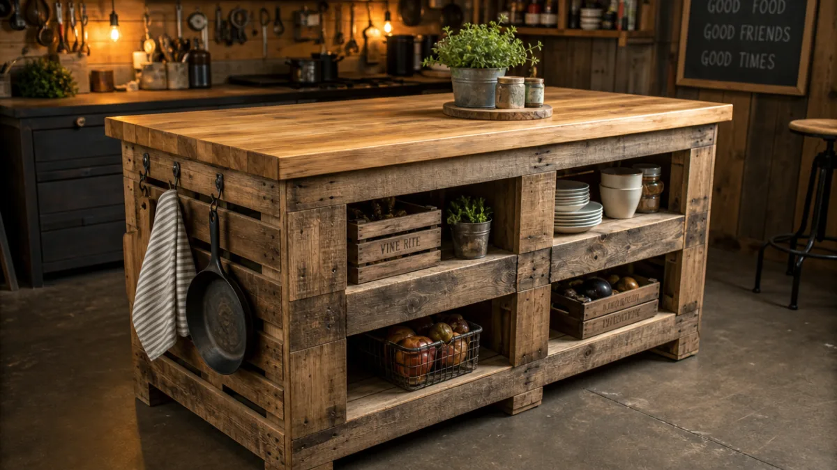 a rustic wooden kitchen island made from pallets with a butcher block…