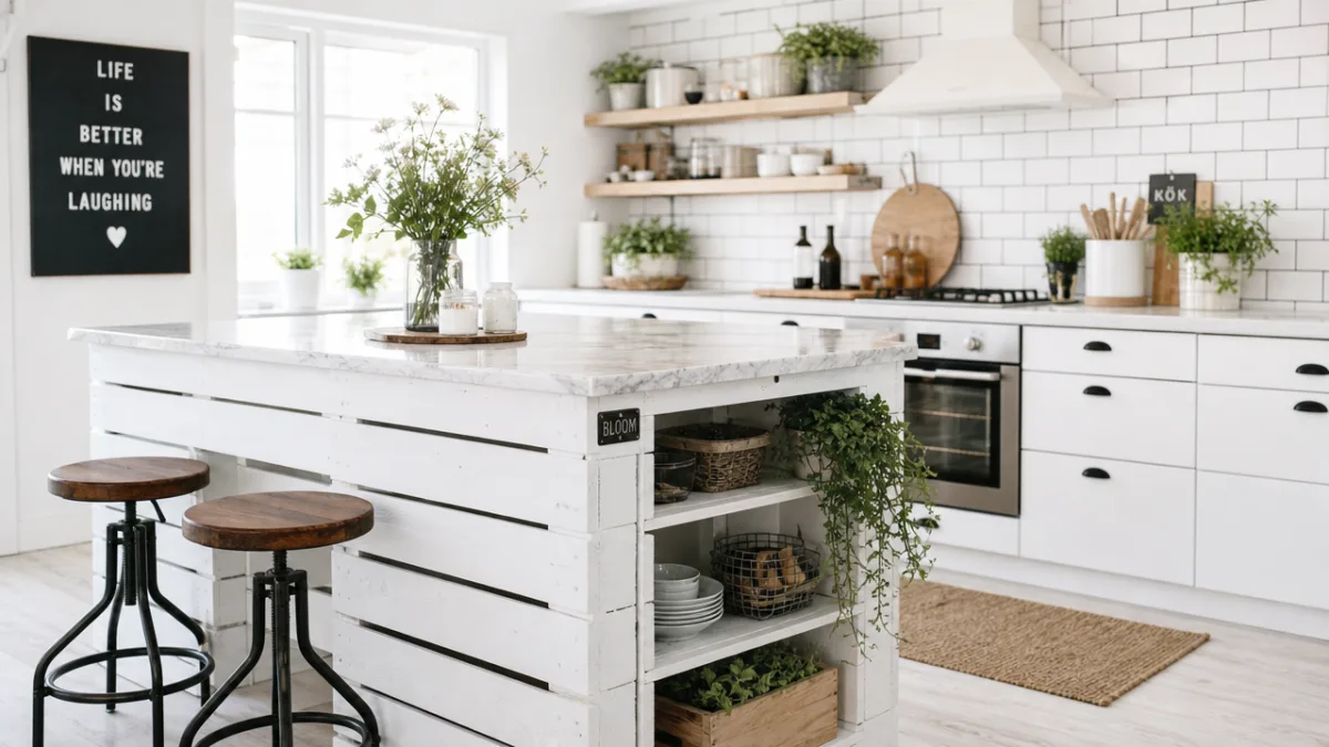a beautifully styled DIY pallet kitchen island painted white with a marble…