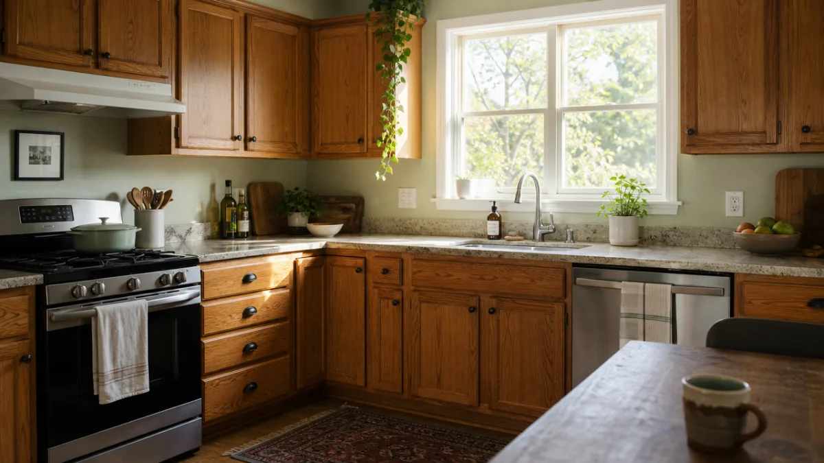 a well-lit kitchen with worn but structurally sound wood cabinets, natural morning…