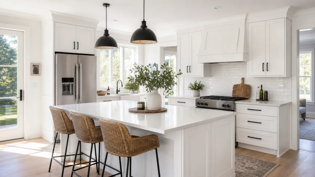 a beautifully refaced kitchen with crisp white shaker cabinets and matte black…
