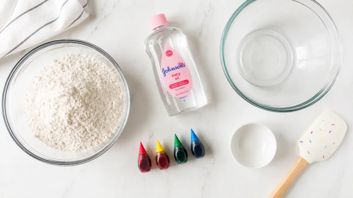 a flat lay of flour, baby oil, food coloring, and mixing bowls…