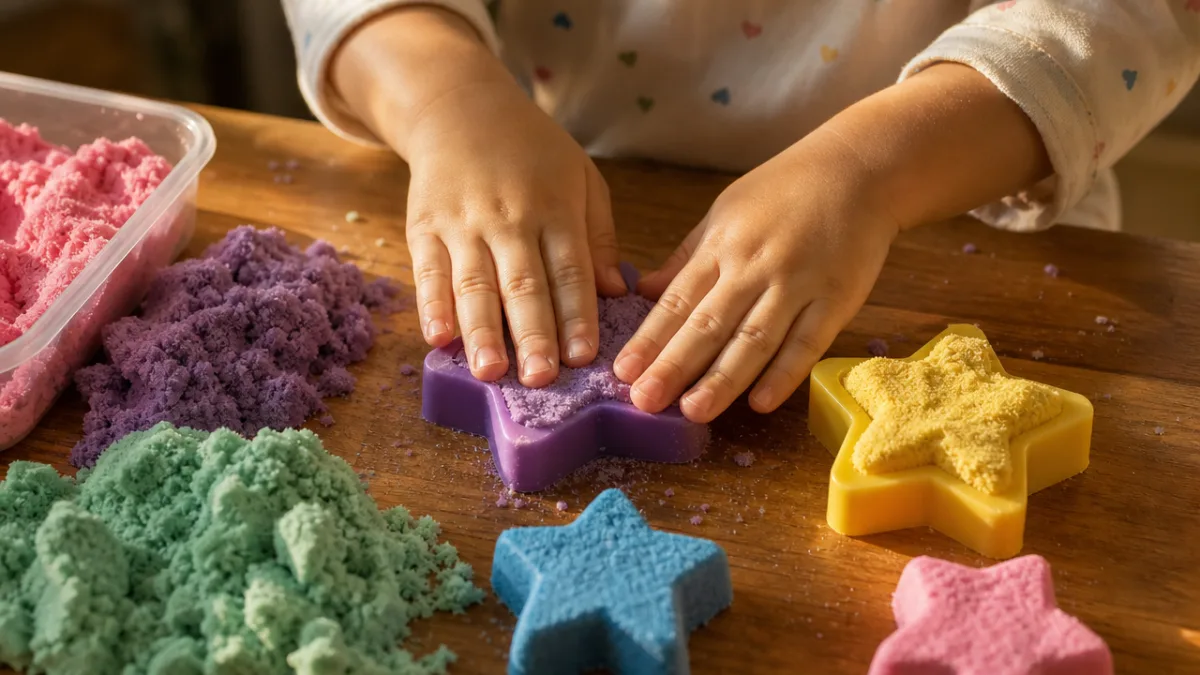 a child's hands pressing colorful moon sand into star-shaped molds on a…