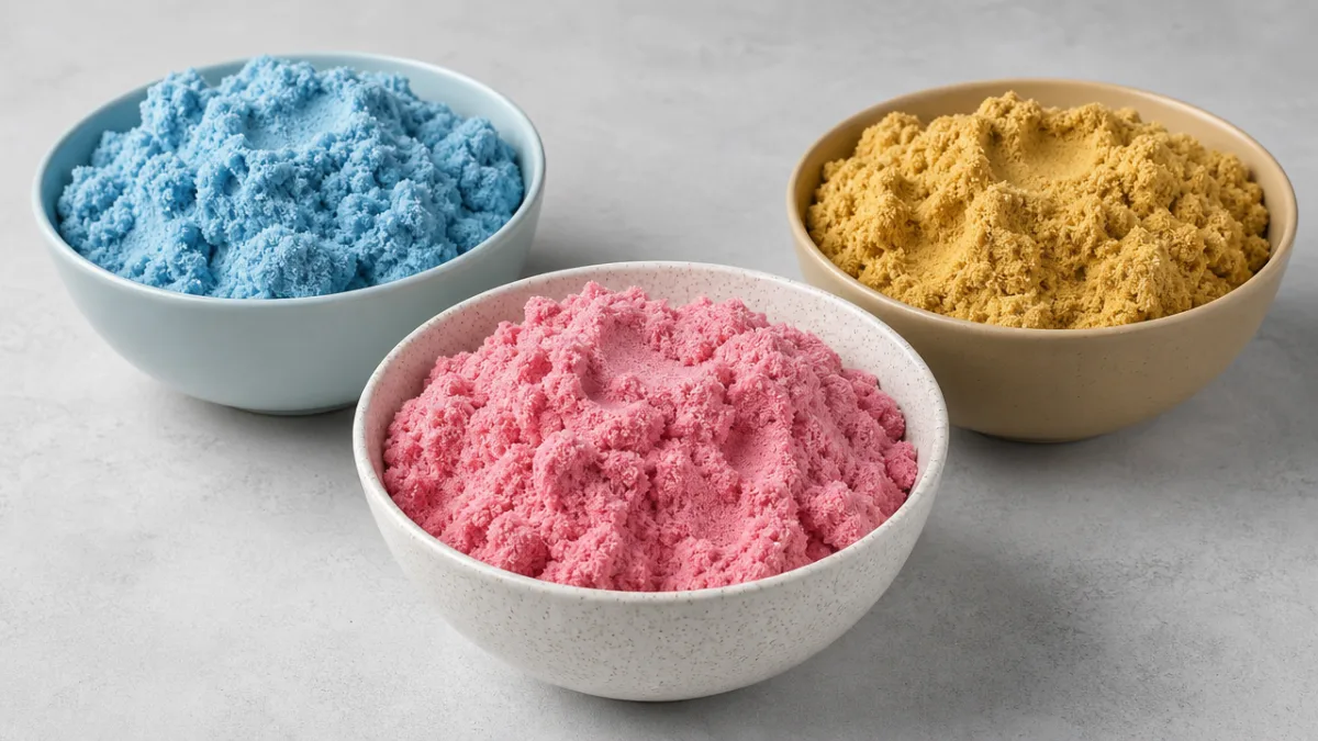 multiple bowls of different colored moon sand in pink, blue, and gold…