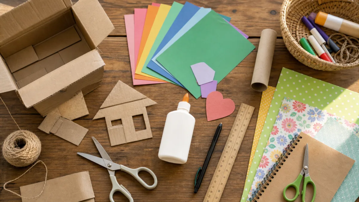 a flat lay of recycled cardboard boxes, colorful paper, scissors, glue and…