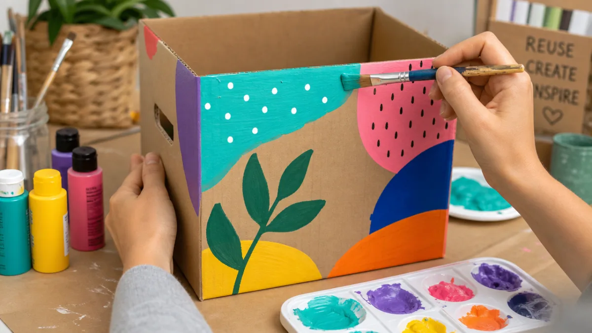 hands painting a recycled cardboard box with colorful acrylic paint, craft table…
