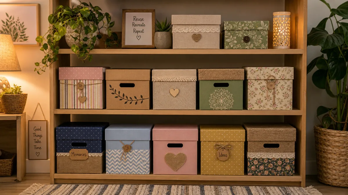 organized decorated recycled boxes displayed on a wooden shelf in a tidy…