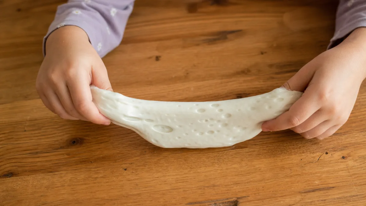 a child's hands stretching pale white bubble dough on a wooden table,…