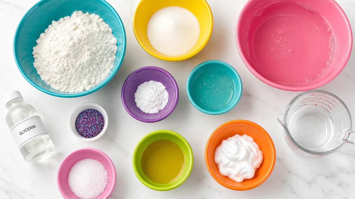 colorful bowls of bubble dough ingredients on a bright white kitchen counter,…