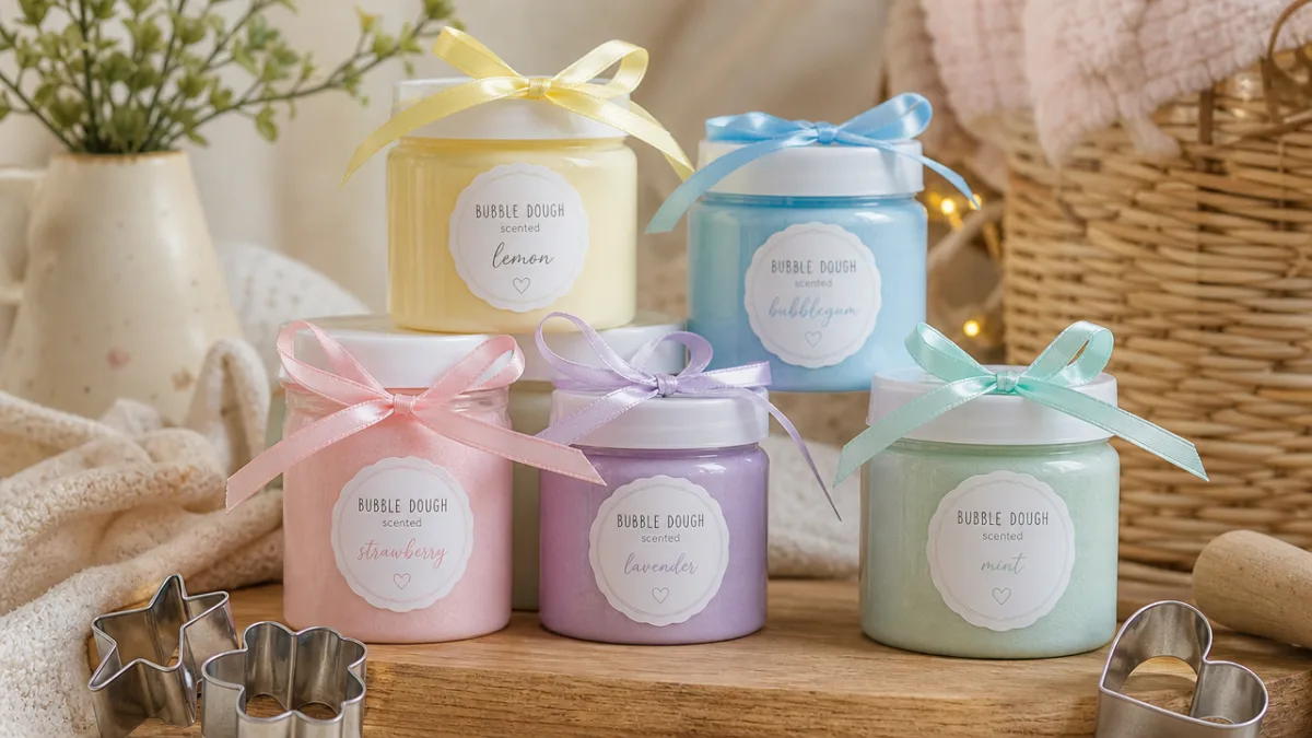 jars of pastel-colored bubble dough with ribbons and cookie cutters, soft diffused…