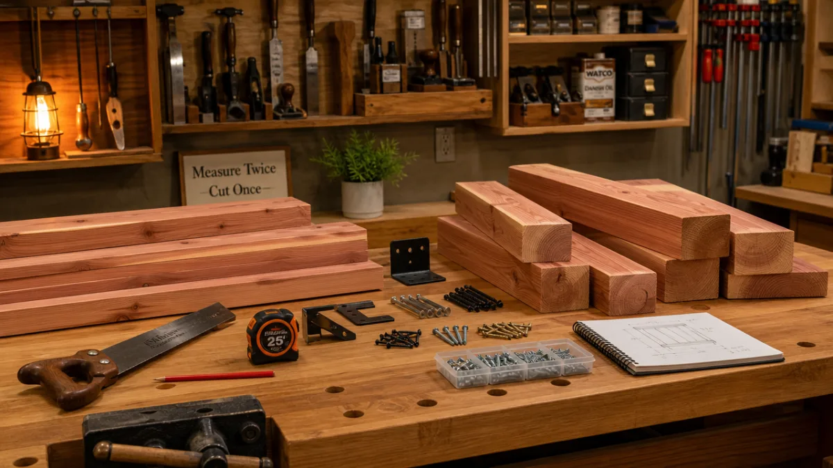 a neatly organized woodworking workbench with cedar lumber, tools, and hardware spread…