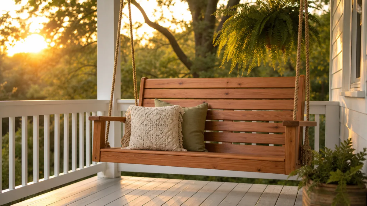 a finished cedar porch swing hanging on a white painted porch at…
