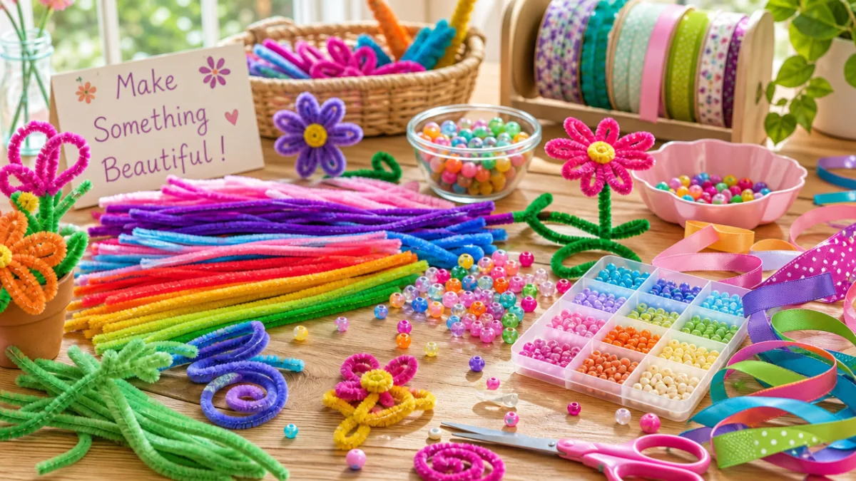 a colorful craft table covered with pipe cleaners, beads, and ribbon in…