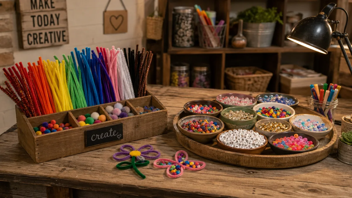 a rustic wooden craft table with organized supplies including colorful pipe cleaners…