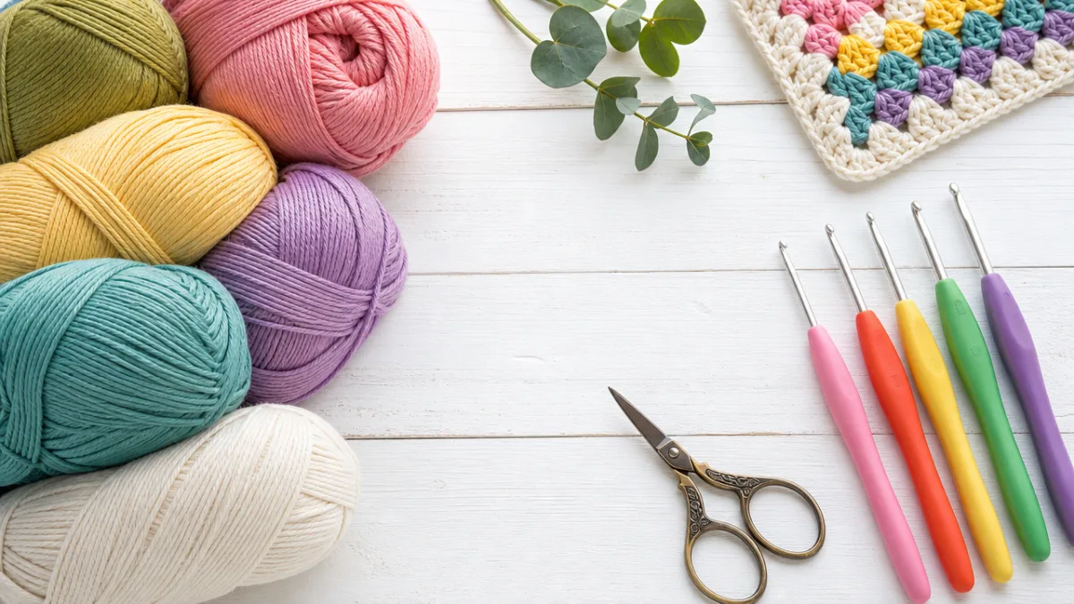 a flat lay of colorful cotton yarn skeins, crochet hooks, and scissors…