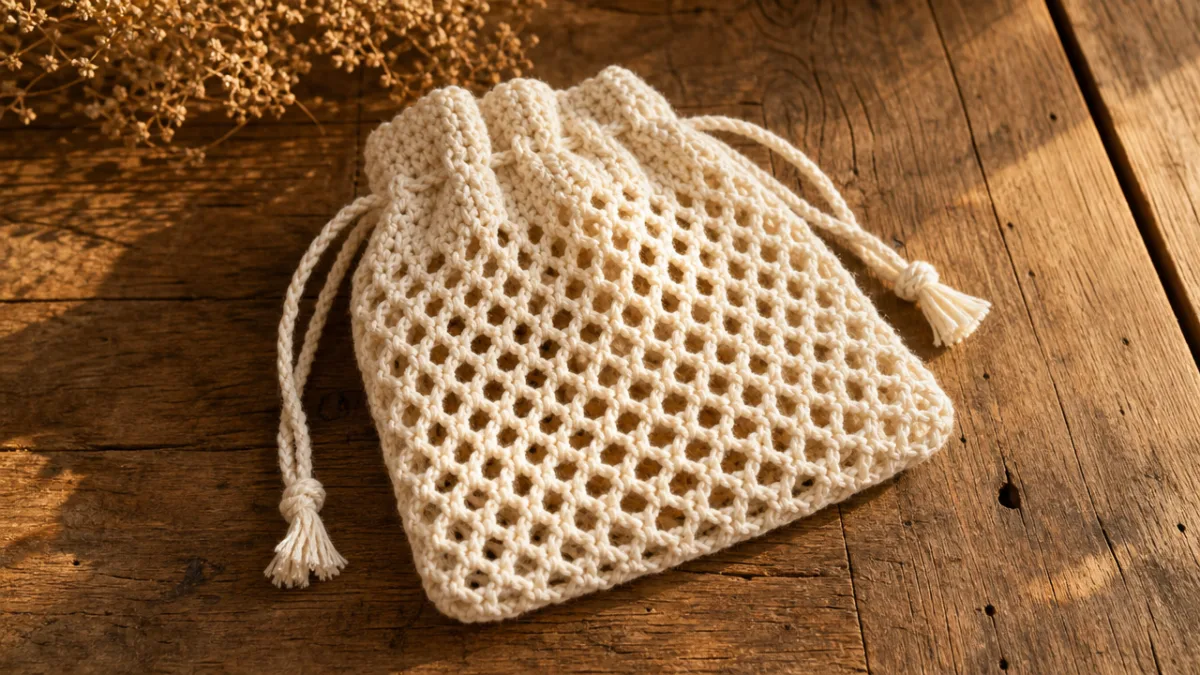a finished crocheted mesh pouch in natural cotton yarn resting on a…