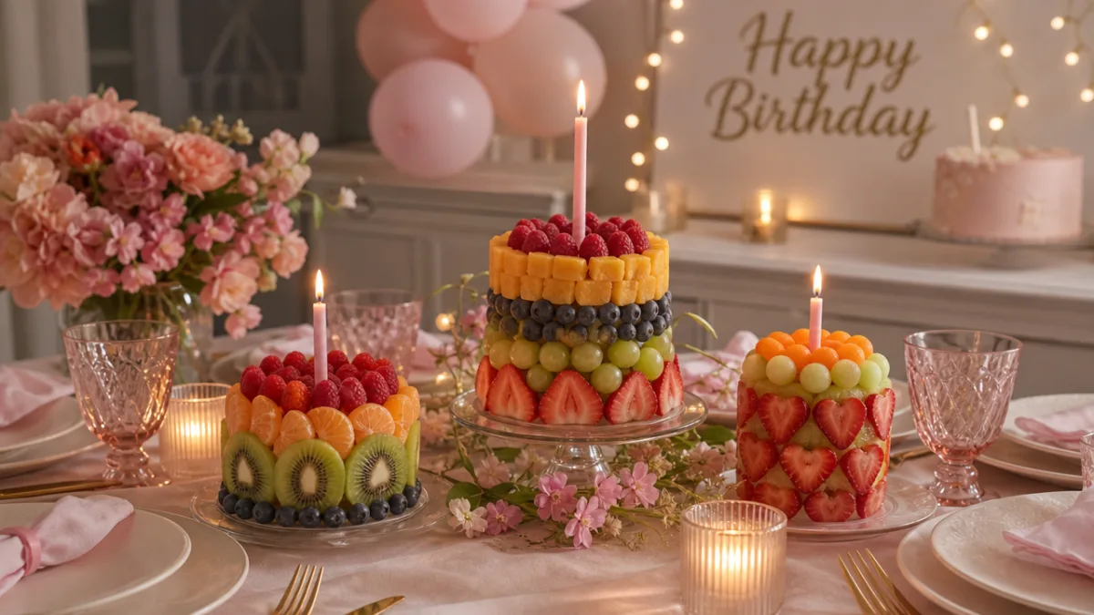 a birthday party table styled with fruit candle centerpieces, soft candlelight and…