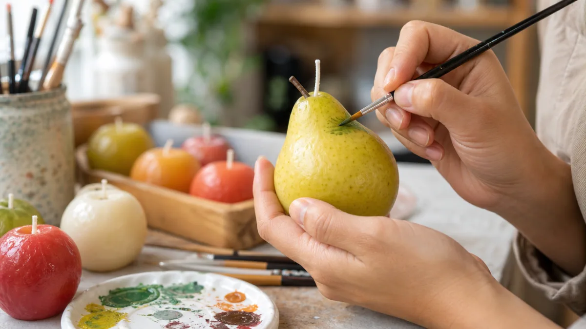 close-up of hands carefully painting wax fruit candles with fine brushes in…