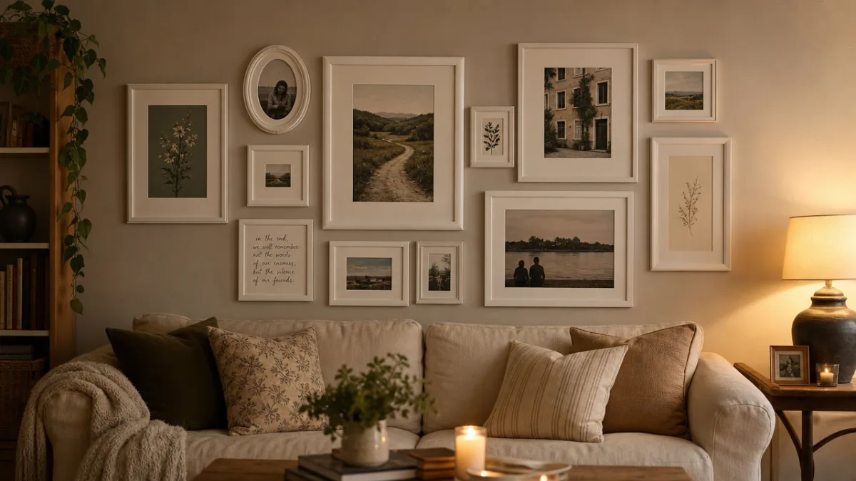 a cozy living room gallery wall with mismatched frames unified in white…
