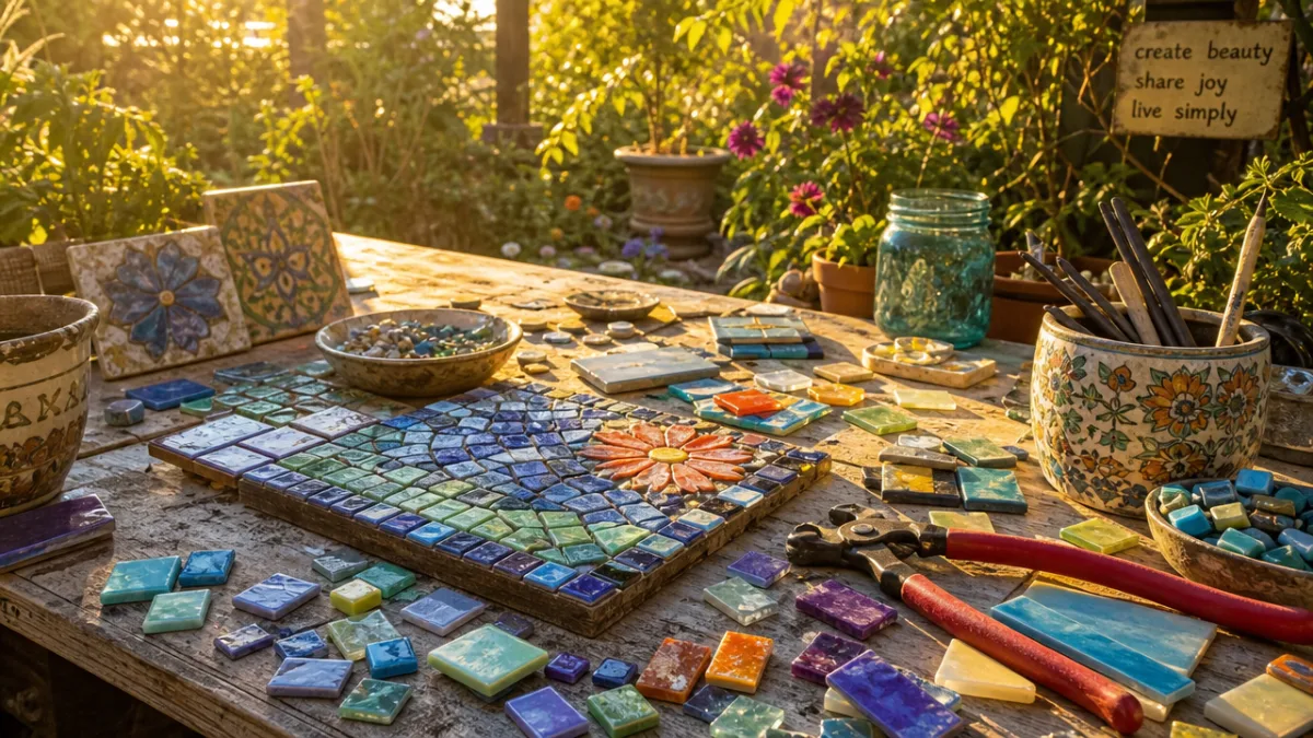 a sunlit garden workbench covered with colorful glass tiles and ceramic pieces,…