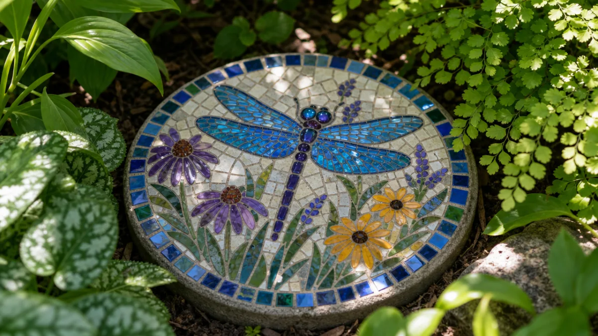 a finished garden mosaic stepping stone surrounded by lush green plants, dappled…