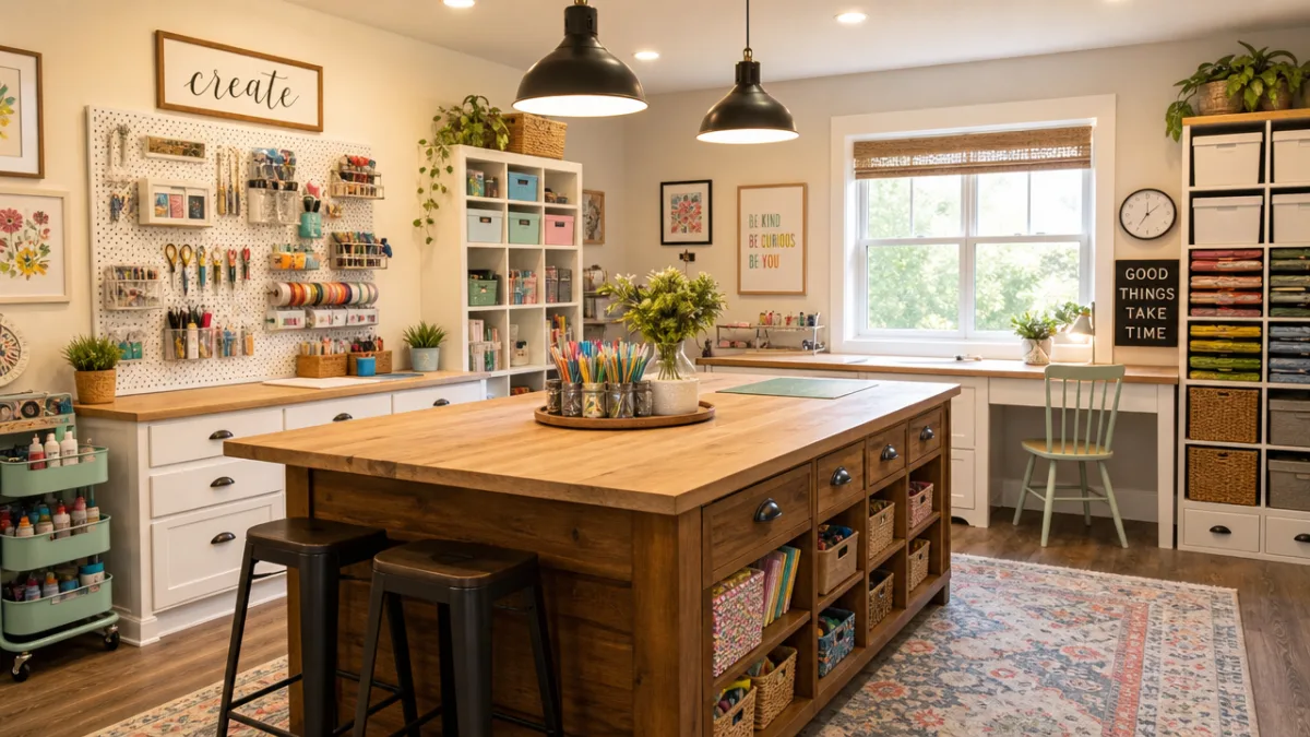 a bright organized craft room with a large wooden island in the…