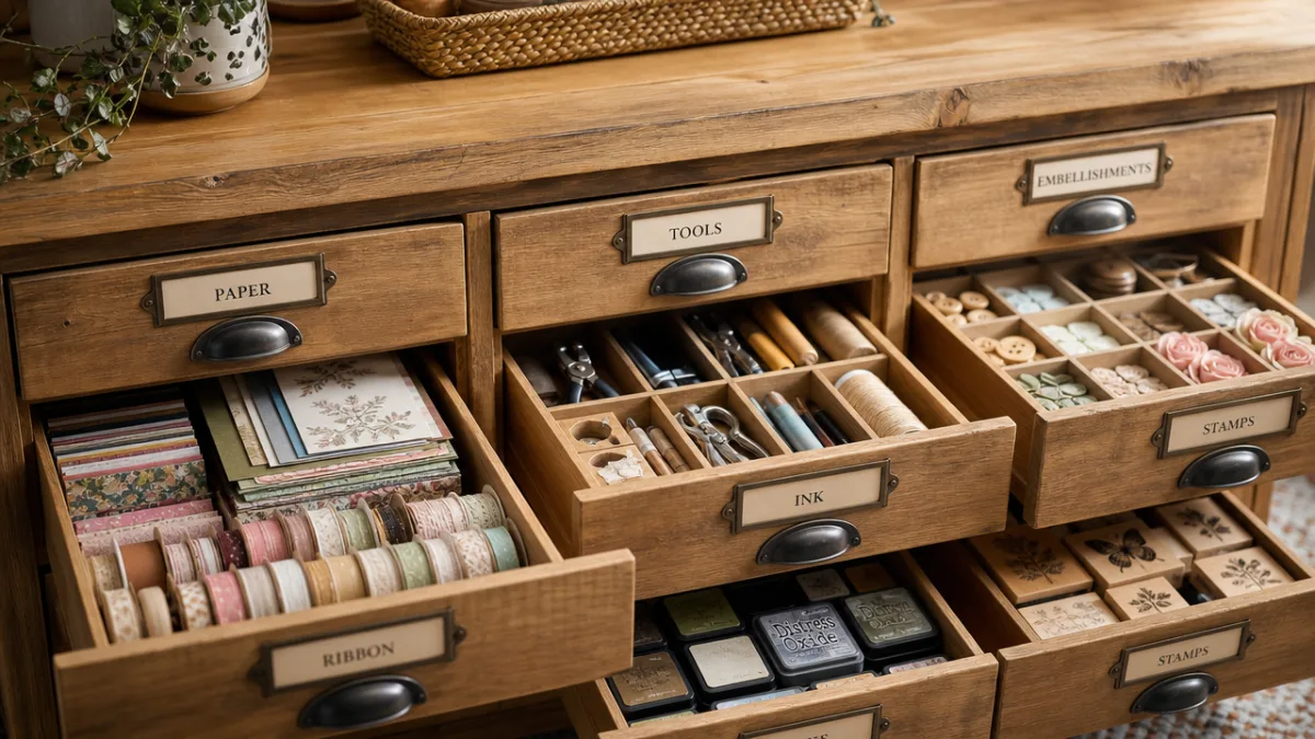 a close-up of craft island drawers with organized supplies, soft warm light…