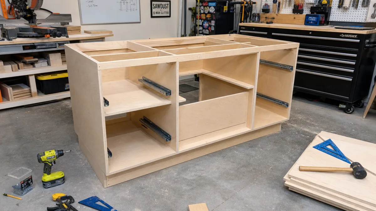 a DIY craft island mid-construction in a garage workshop, bright shop lighting…