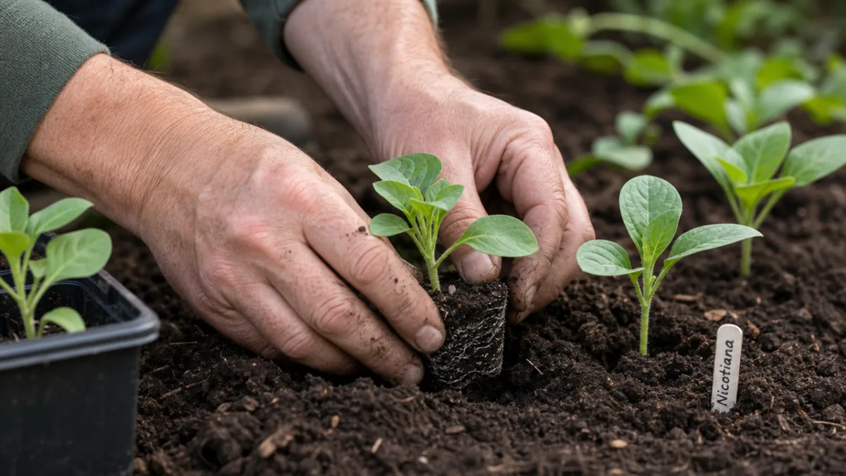 close-up of gardener hands transplanting Nicotiana seedlings into rich dark garden soil,…